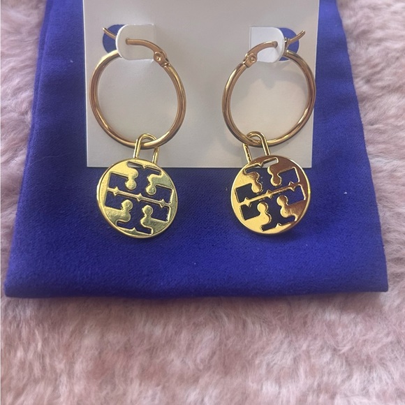 Tory Burch Gold Hoop Earrings with Logo Charm - Picture 1 of 3